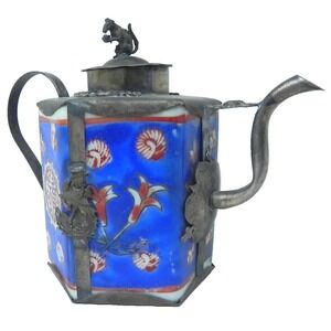 Antique Chinese Porcelain Teapot Tibet Silver Dragon‎ Phoenix Rat Stamped